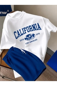 Saks Mavisi Şort Ve Beyaz California Basklı Tişört Alt Üst Takım